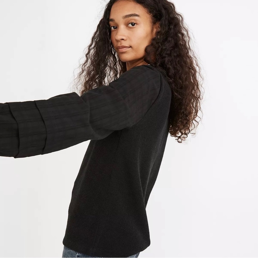 Madewell | Black Weavemix Mockneck Bubble Sleeve Top - Size M - Picture 3 of 8